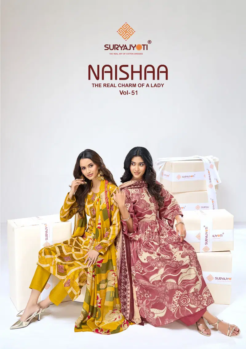 Suryajyoti Naishaa Vol 51 Jaam Satin Discharge Printed Dress Material