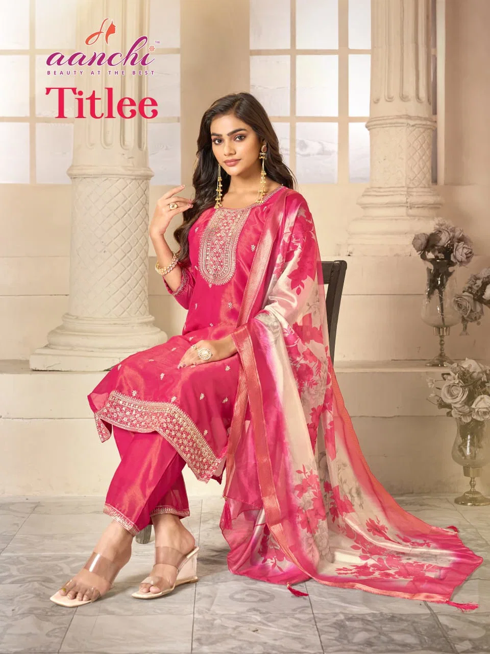 Aanchi Titlee Tissue Shimmer Fancy Worked Kurti With Bottom Dupatta