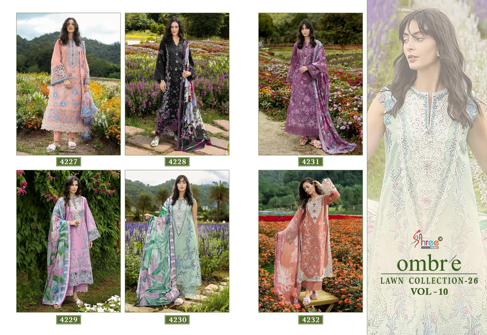 Shree Ombre Lawn Collection 26 Vol 10 Chiffon Dupatta Cotton Embroidered Pakistani Salwar Kameez