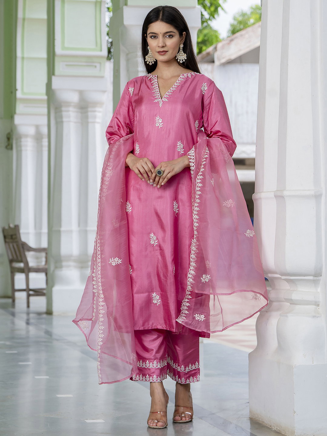 VP 9615 Women's Silk Blend Embroidered Kurta with Pant & Dupatta Set
