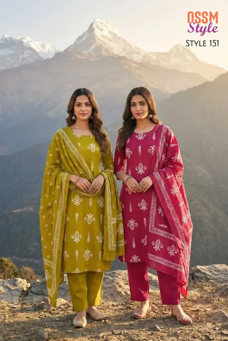 Ossm Style 151 Dhabu Cotton Pirnted Kurti With Bottom Dupatta