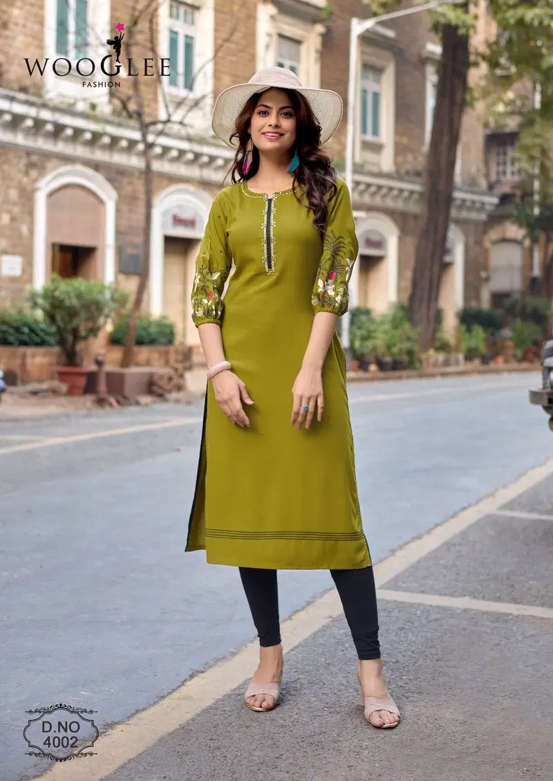 Wooglee Aarvika Rayon With Thread Embroidered Kurti Collection