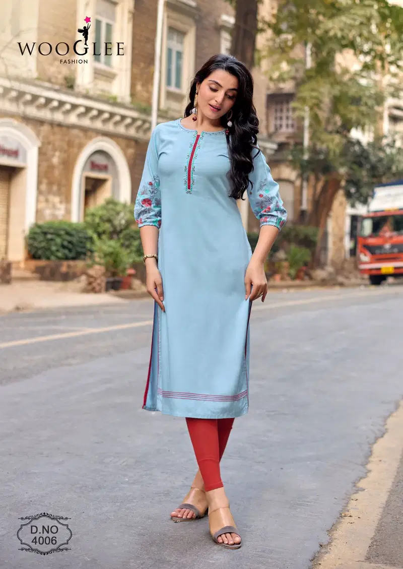 Wooglee Aarvika Rayon With Thread Embroidered Kurti Collection