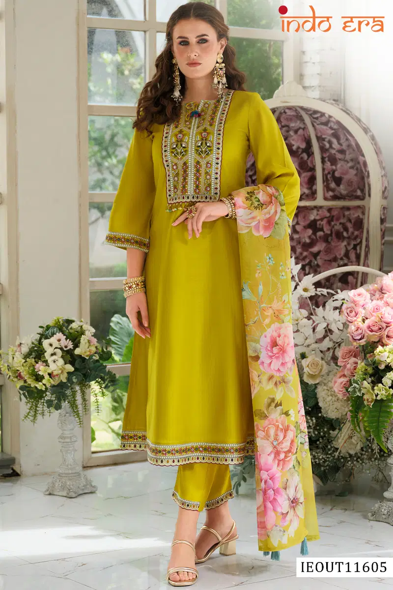 Indo Era 2639 Cotton Blend Floral Embroidered Kurti Pant With Dupatta