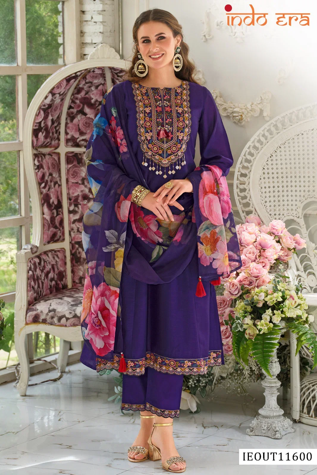 Indo Era 2639 Cotton Blend Floral Embroidered Kurti Pant With Dupatta