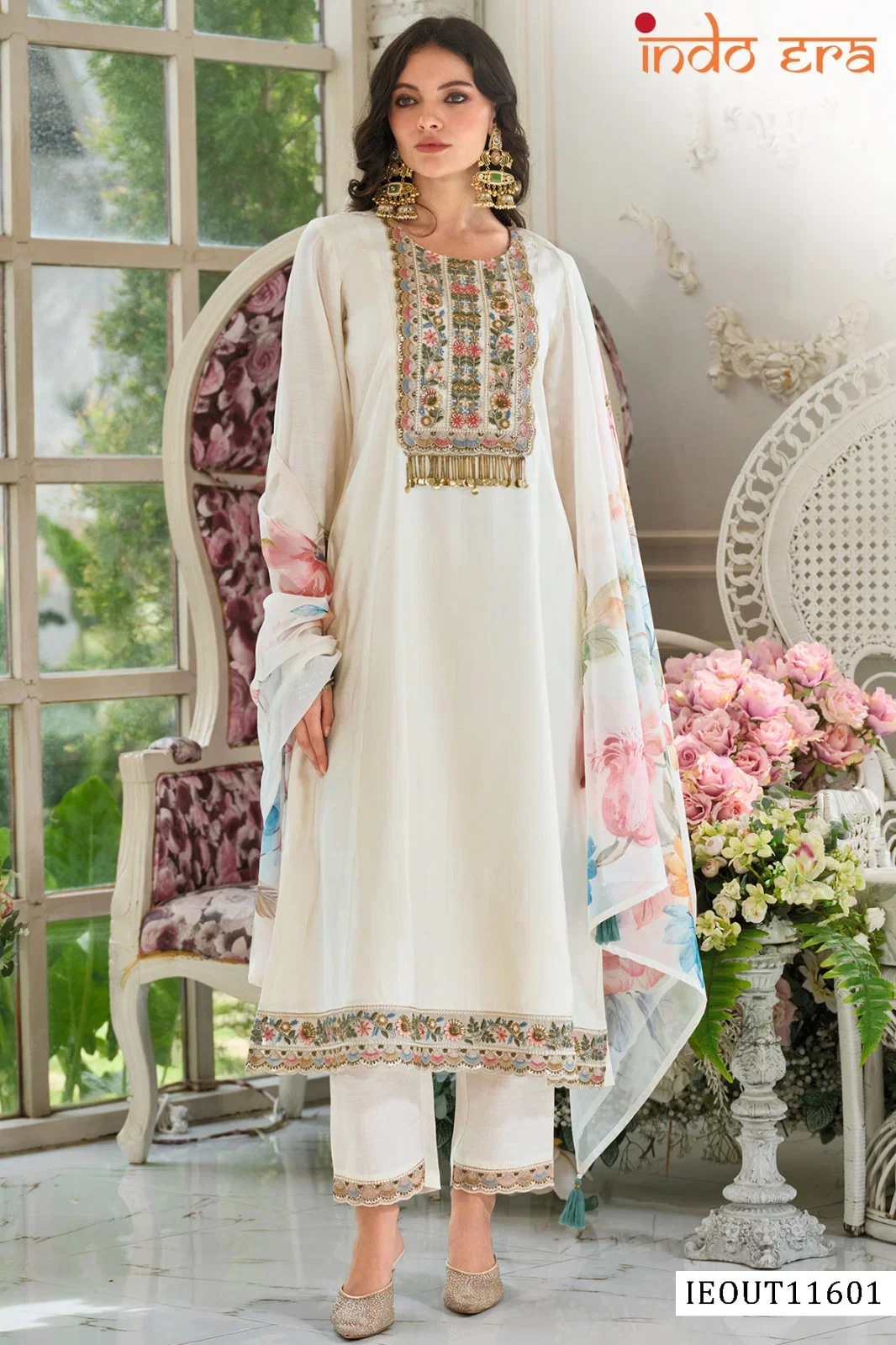 Indo Era 2639 Cotton Blend Floral Embroidered Kurti Pant With Dupatta