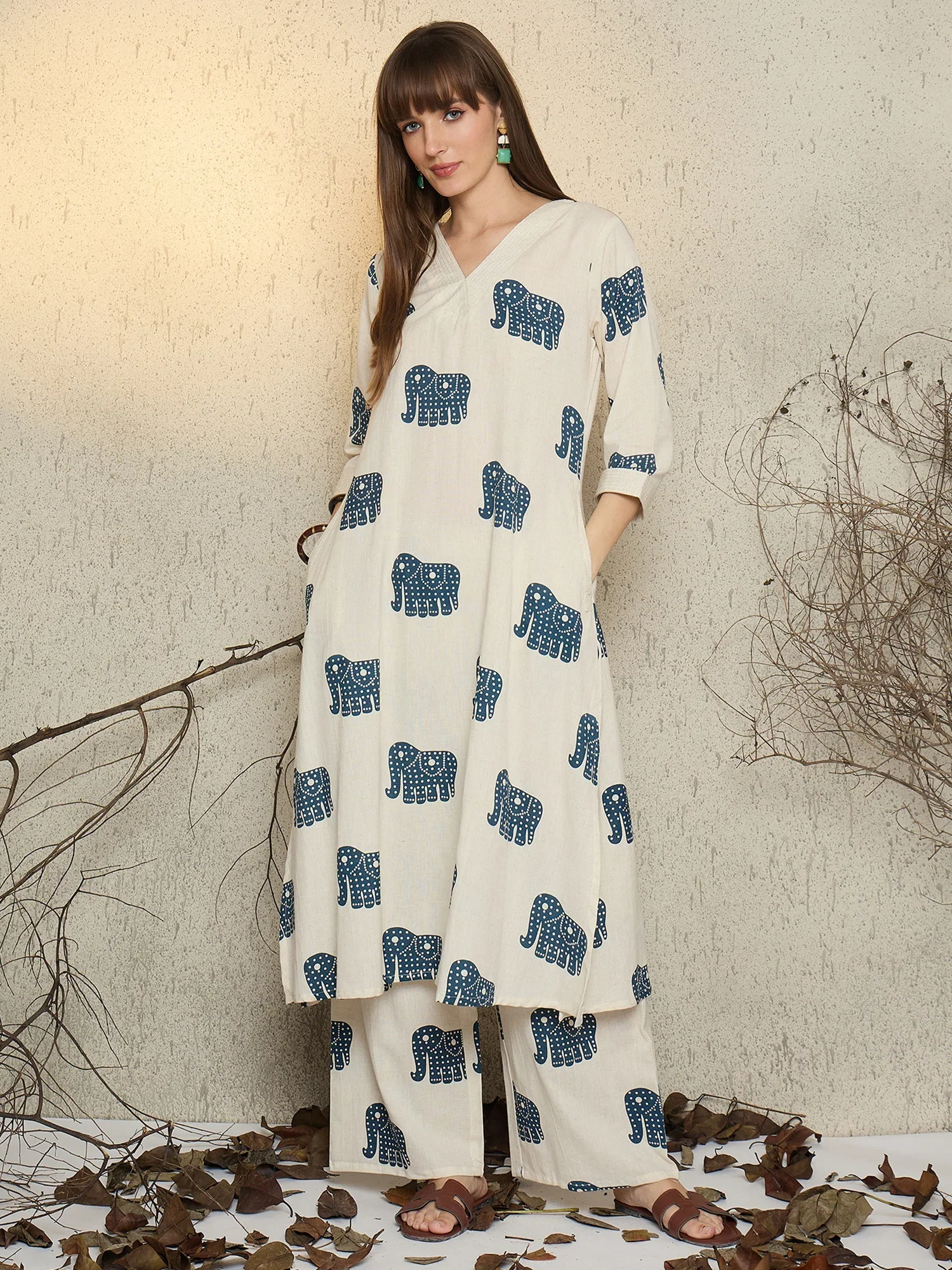 Indo Era 2625 Cotton Blend Printed V Neck Top With Bottom Collection