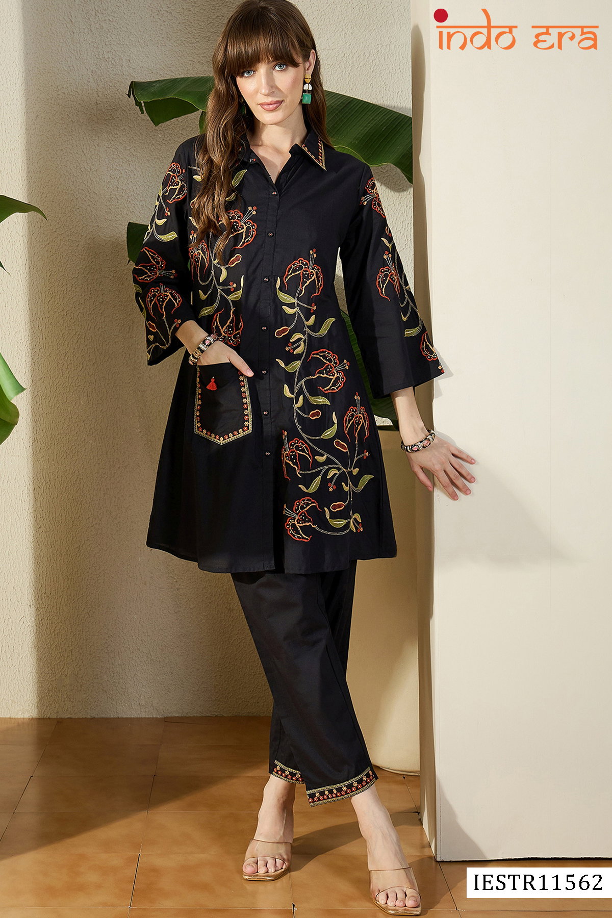 Indo Era 2643 Cotton Embroidered Shirt Collar Top With Bottom Collection