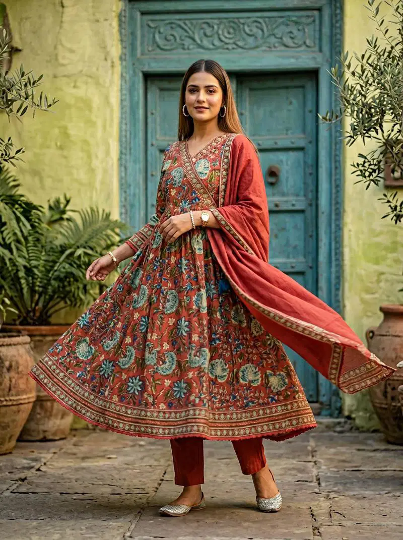 Naisha K 854 Cotton Hand Worked Anarkali Style Kurti With Bottom Dupatta