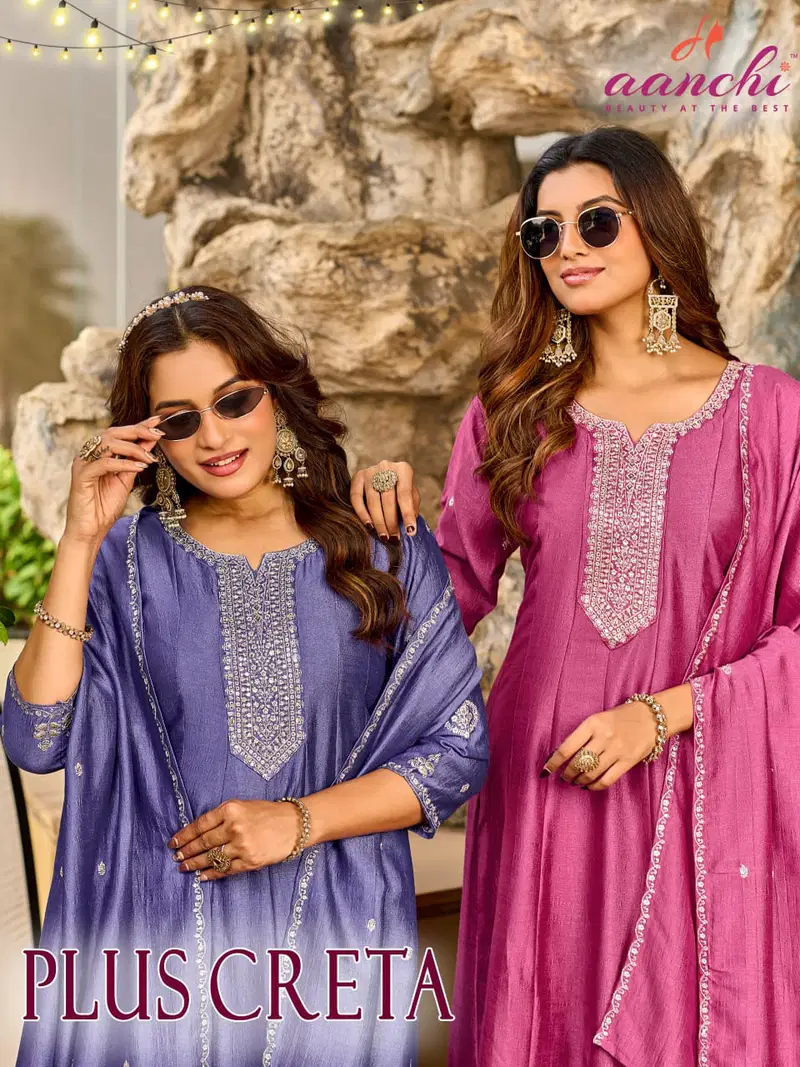 Aanchi Plus Creata Vichitra Silk Embroidered Kurti With Bottom Dupatta