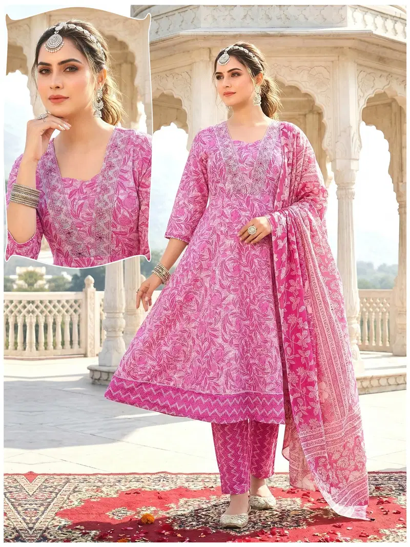 Naisha K 852 Cotton Ghera Style Kurti With Bottom Dupatta