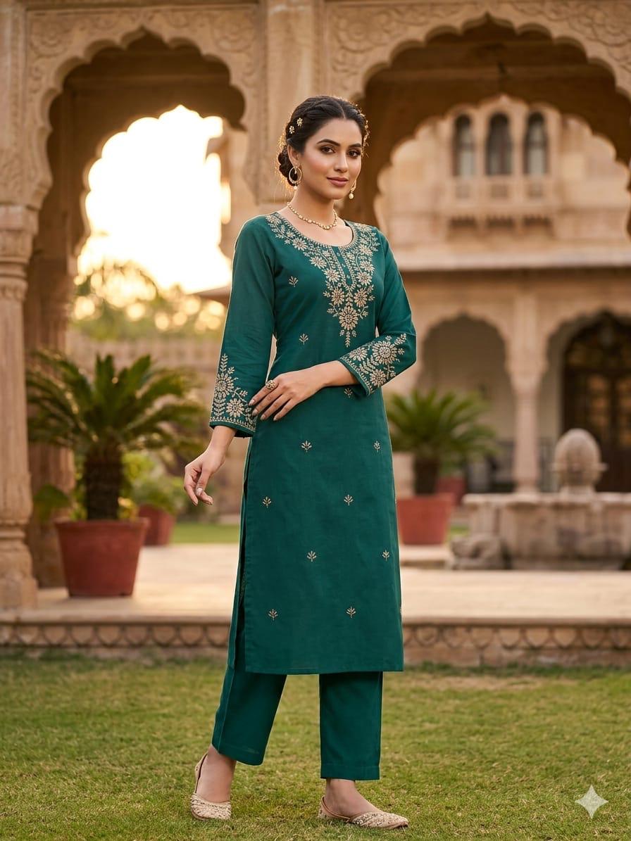 Naisha K 851 Dhabu Cotton Lakhnavi Worked Kurti With Bottom