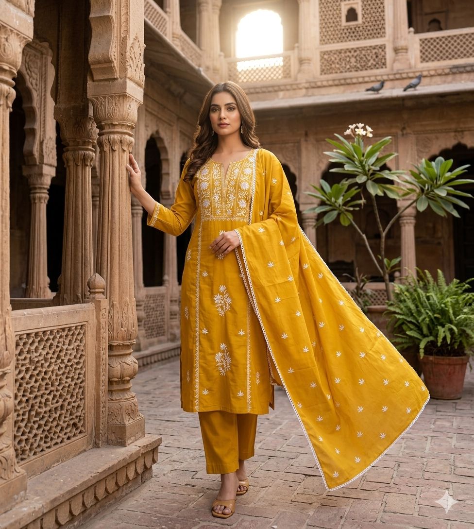 Naisha K 853 Cotton With Thread Embroidered Kurti With Bottom Dupatta