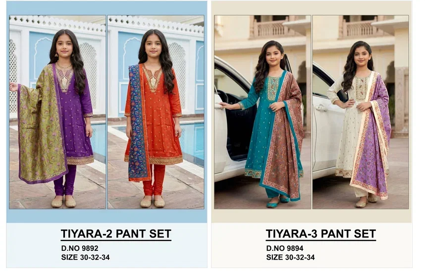 Tiyara 9892 And 9894 Roman Glass Kids Wear Kurti Set Collection