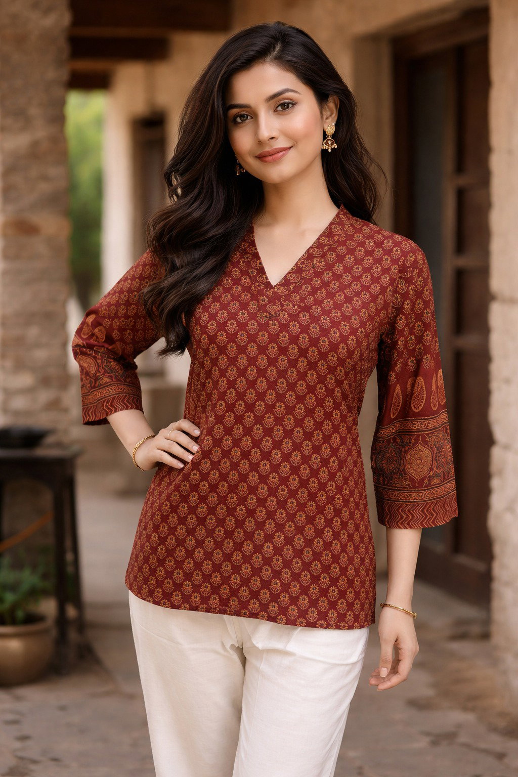 Aawiya Rj 34 Heavy Pure Cotton Ajrakh Block Print Tunic Style Top