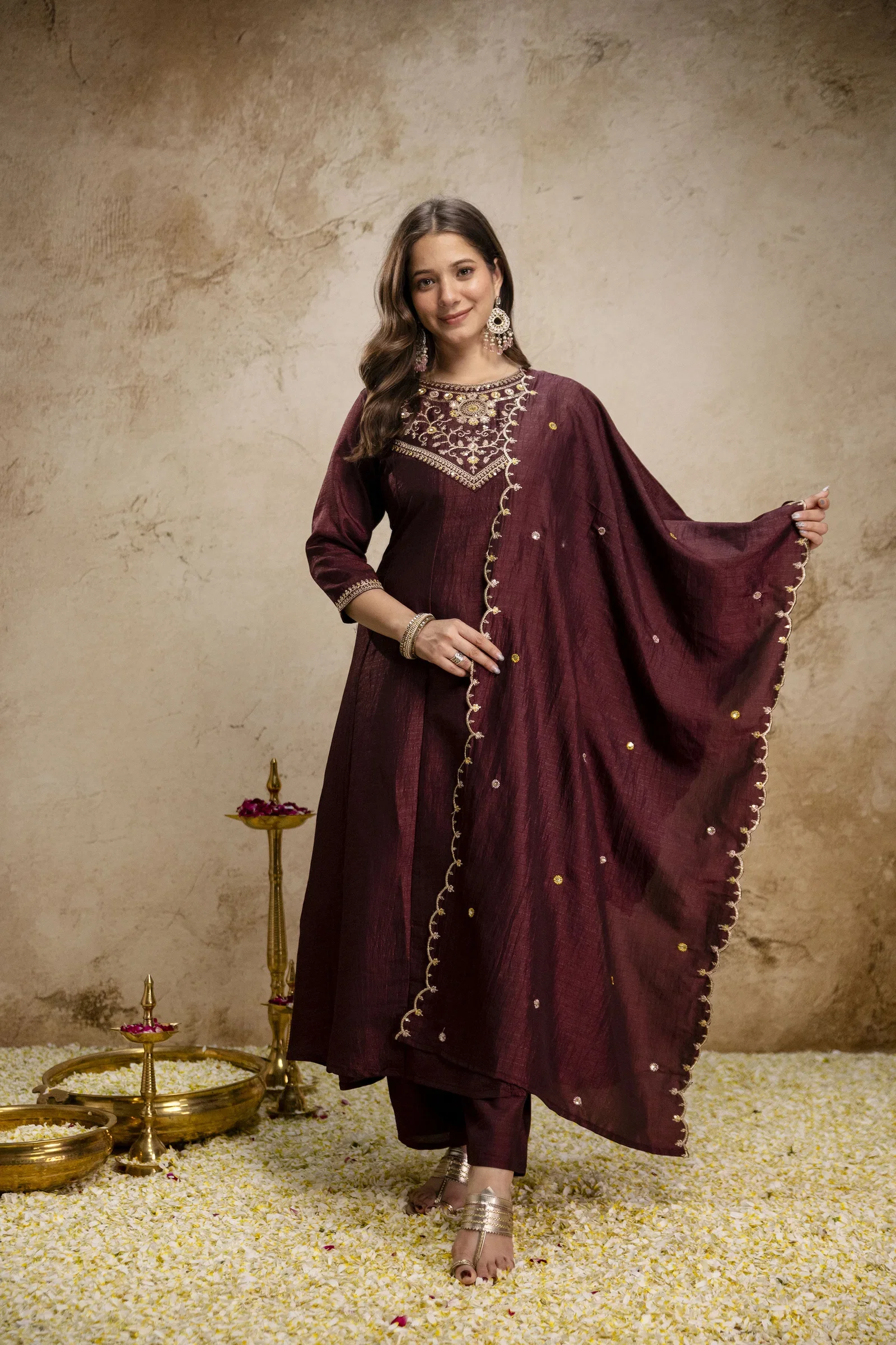 Aravani Vol 1 Vichitra Silk Embroidery Anarkali Kurti Pant With Dupatta