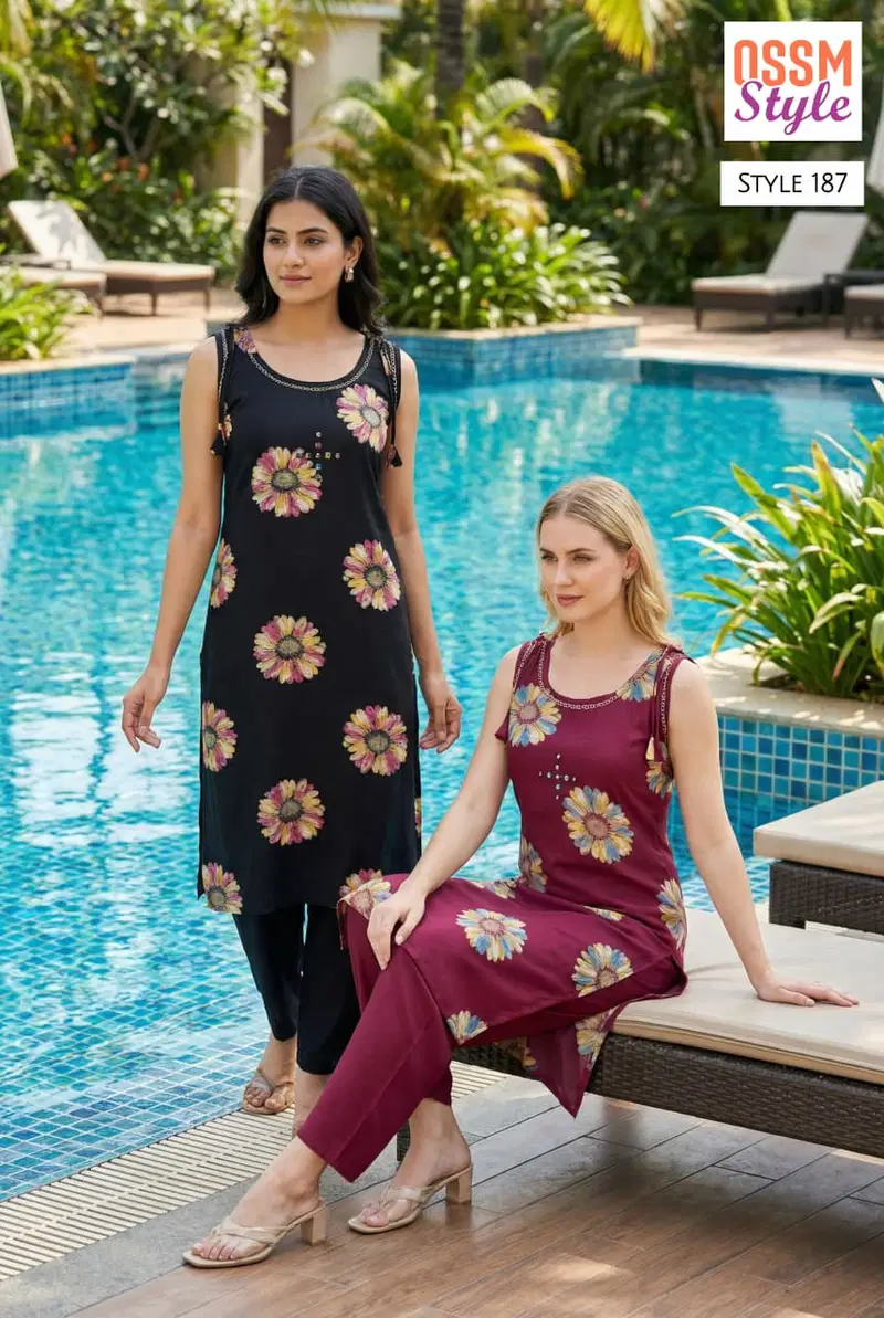 Ossm Style 187 Rayon Hand Mirror Work Kurti With Bottom Collection