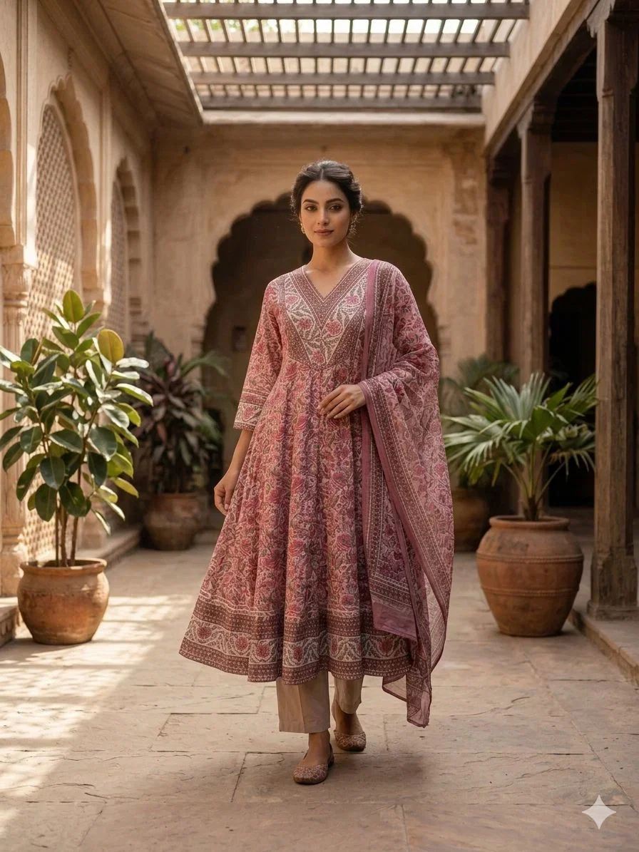 Naisha K 856 Cotton Printed Anarkali Kurti With Bottom Dupatta