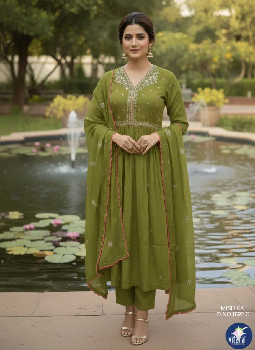 Vitara Mishika Mal Chanderi Embroidered Kurti With Bottom Dupatta