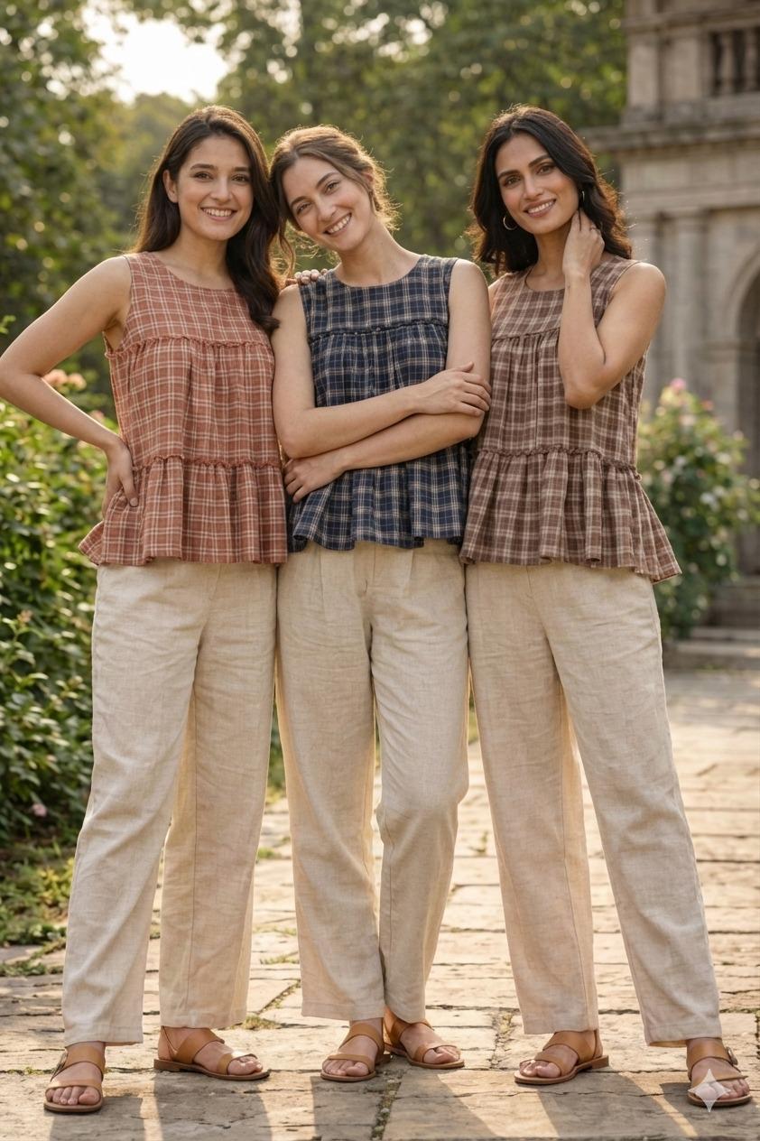 NCO 143 Linen Cotton Checks Print Top Pant Set