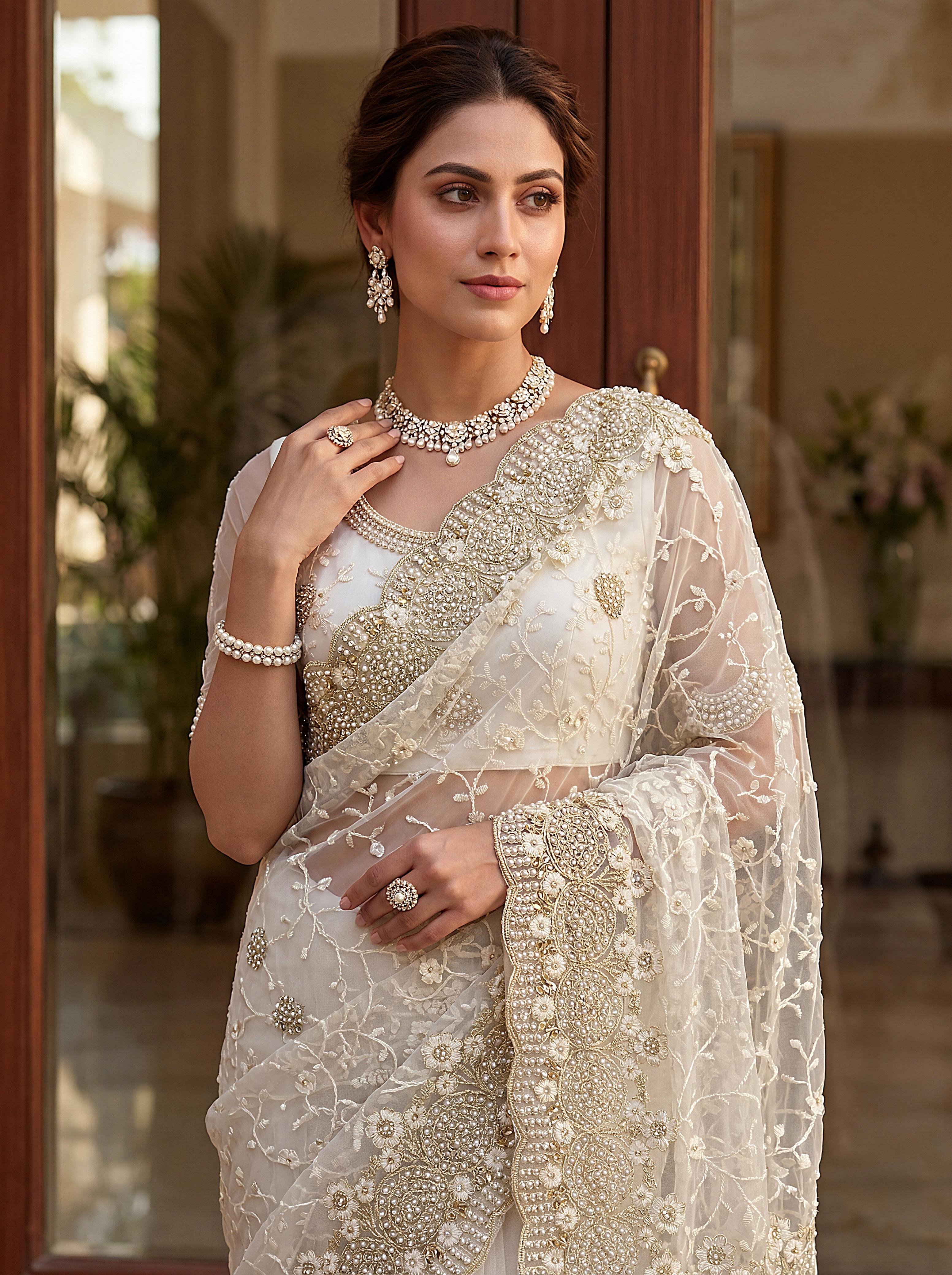 Dv Designer HD9 Net Embroidery Work With Pearls Diamonds Work Saree collection 