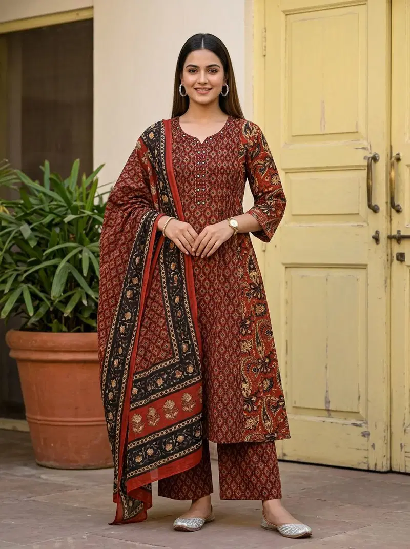 Naisha K 858 Cotton Aline Kurti With Bottom Dupatta