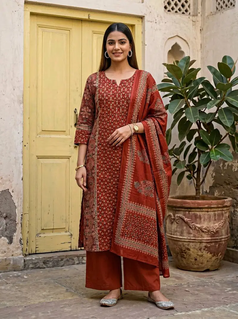 Naisha K 859 Cotton Fancy Worked Kurti With Bottom Dupatta