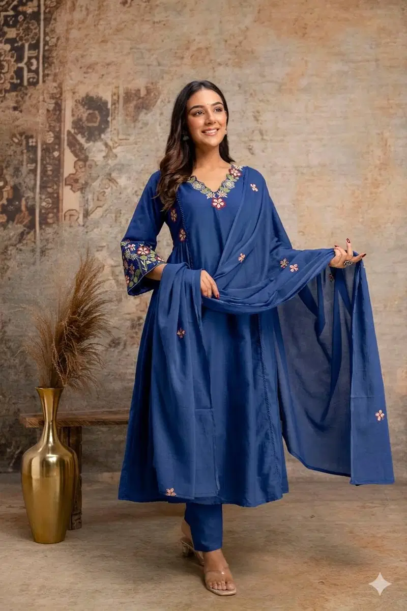Naisha K 857 Mul Mul Embroidered Aline Kurti With Bottom Dupatta