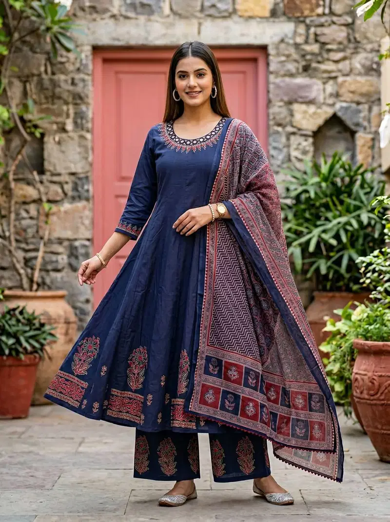 Naisha K 860 Cotton Hand Block Worked Kurti With Bottom Dupatta