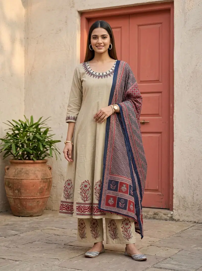 Naisha K 860 Cotton Hand Block Worked Kurti With Bottom Dupatta