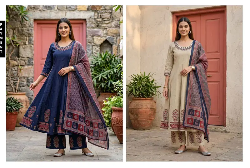 Naisha K 860 Cotton Hand Block Worked Kurti With Bottom Dupatta