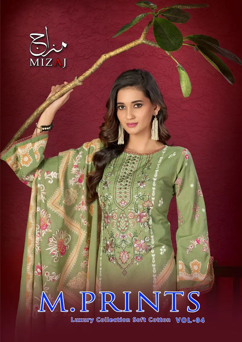 Mizaj M Print Vol 4 Cotton Embroidered Karachi Dress Material Collection