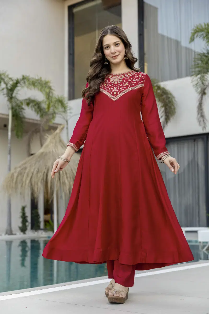 Aravani Vol 2 Vichitra Silk Embroidery Anarkali Kurti Pant With Dupatta