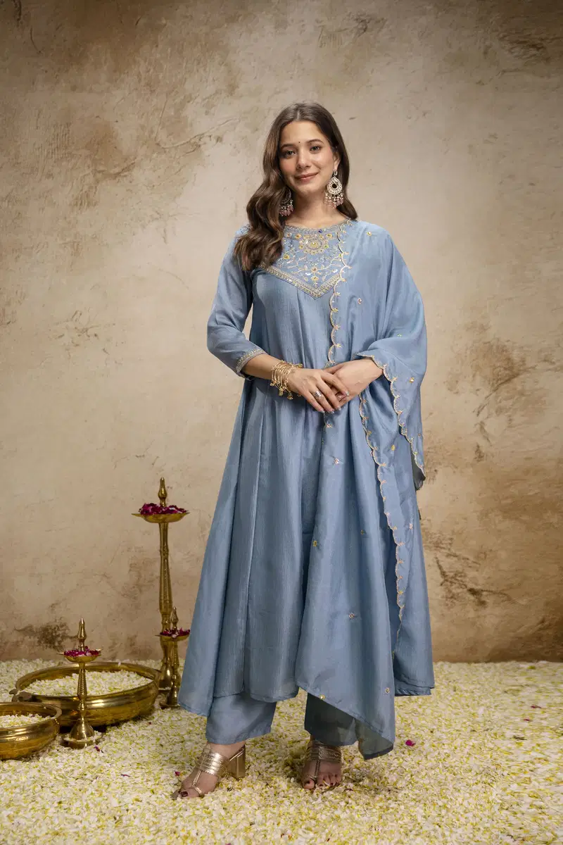 Aravani Vol 2 Vichitra Silk Embroidery Anarkali Kurti Pant With Dupatta