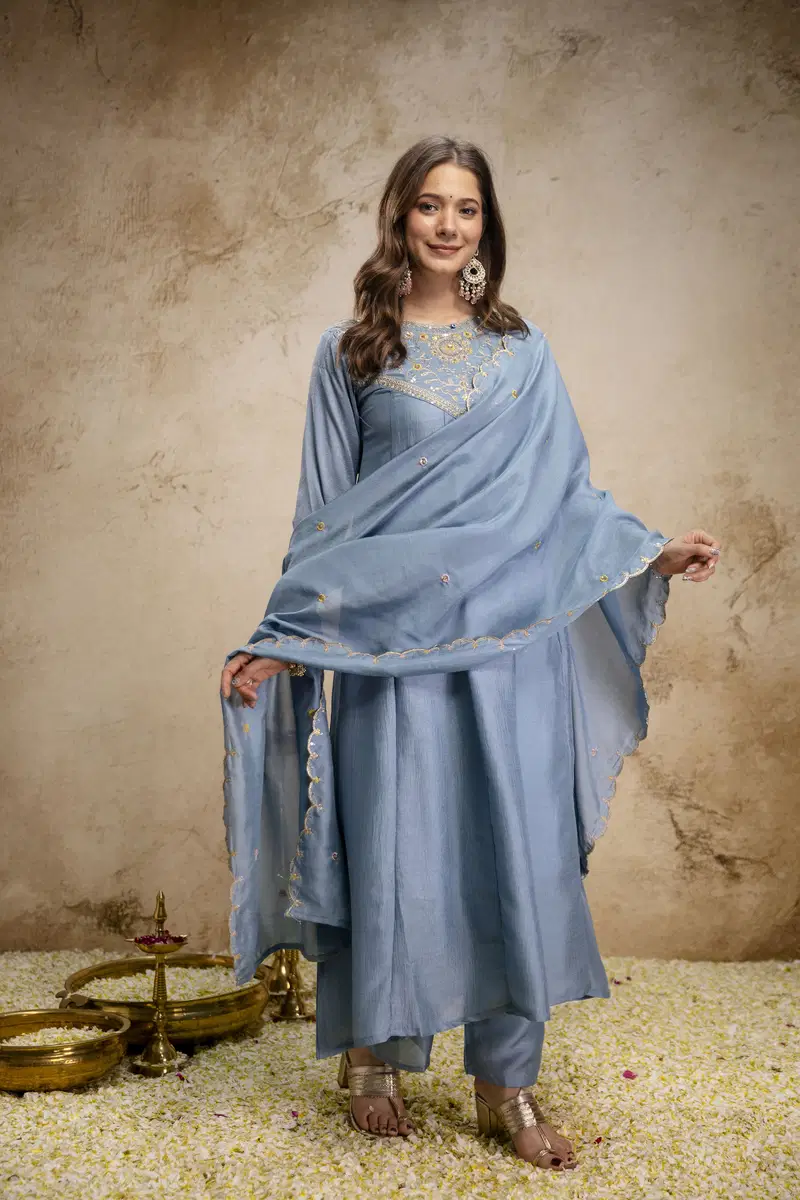 Aravani Vol 2 Vichitra Silk Embroidery Anarkali Kurti Pant With Dupatta