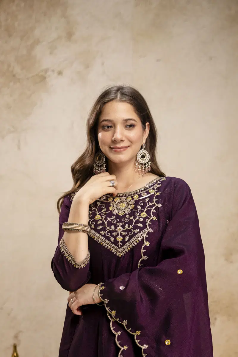 Aravani Vol 2 Vichitra Silk Embroidery Anarkali Kurti Pant With Dupatta