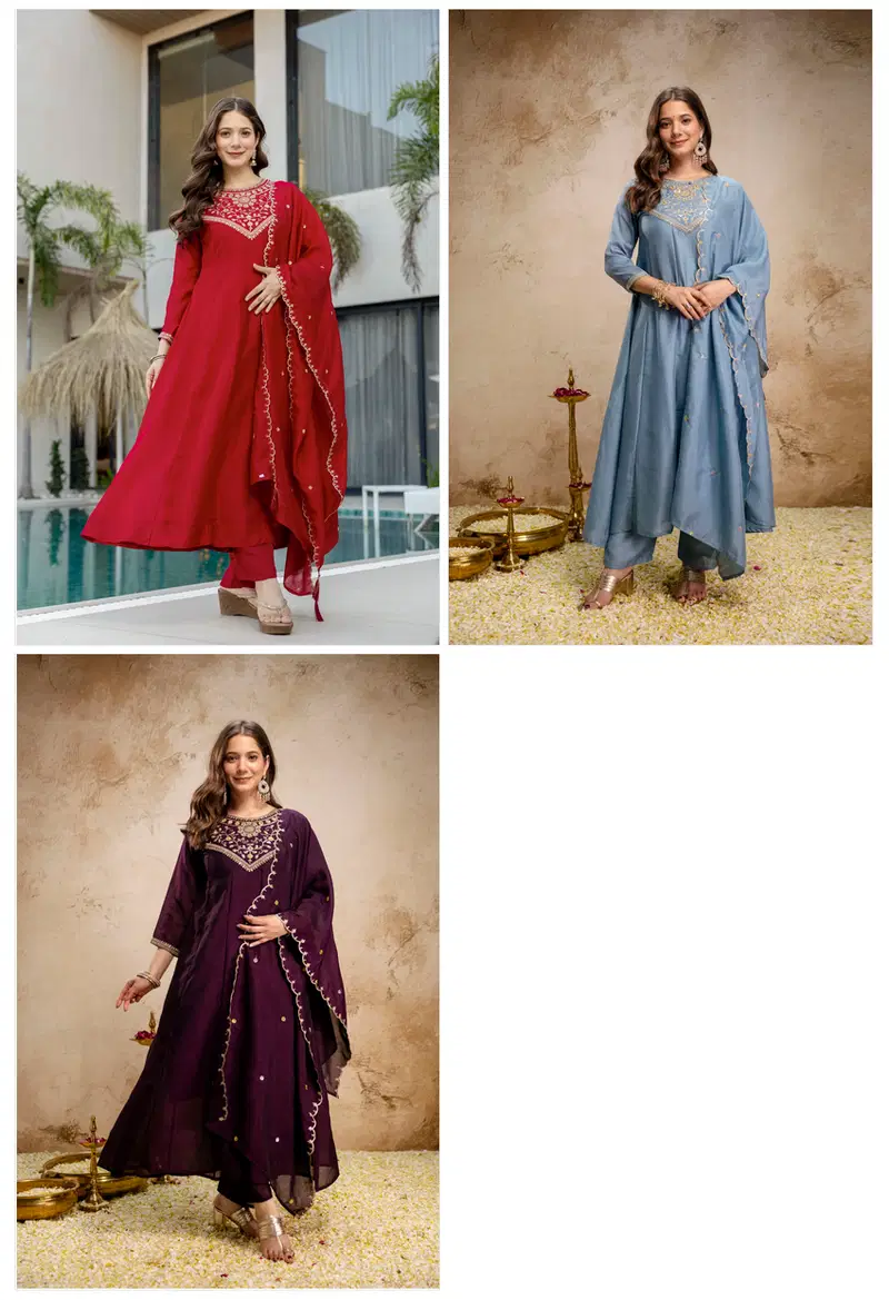 Aravani Vol 2 Vichitra Silk Embroidery Anarkali Kurti Pant With Dupatta