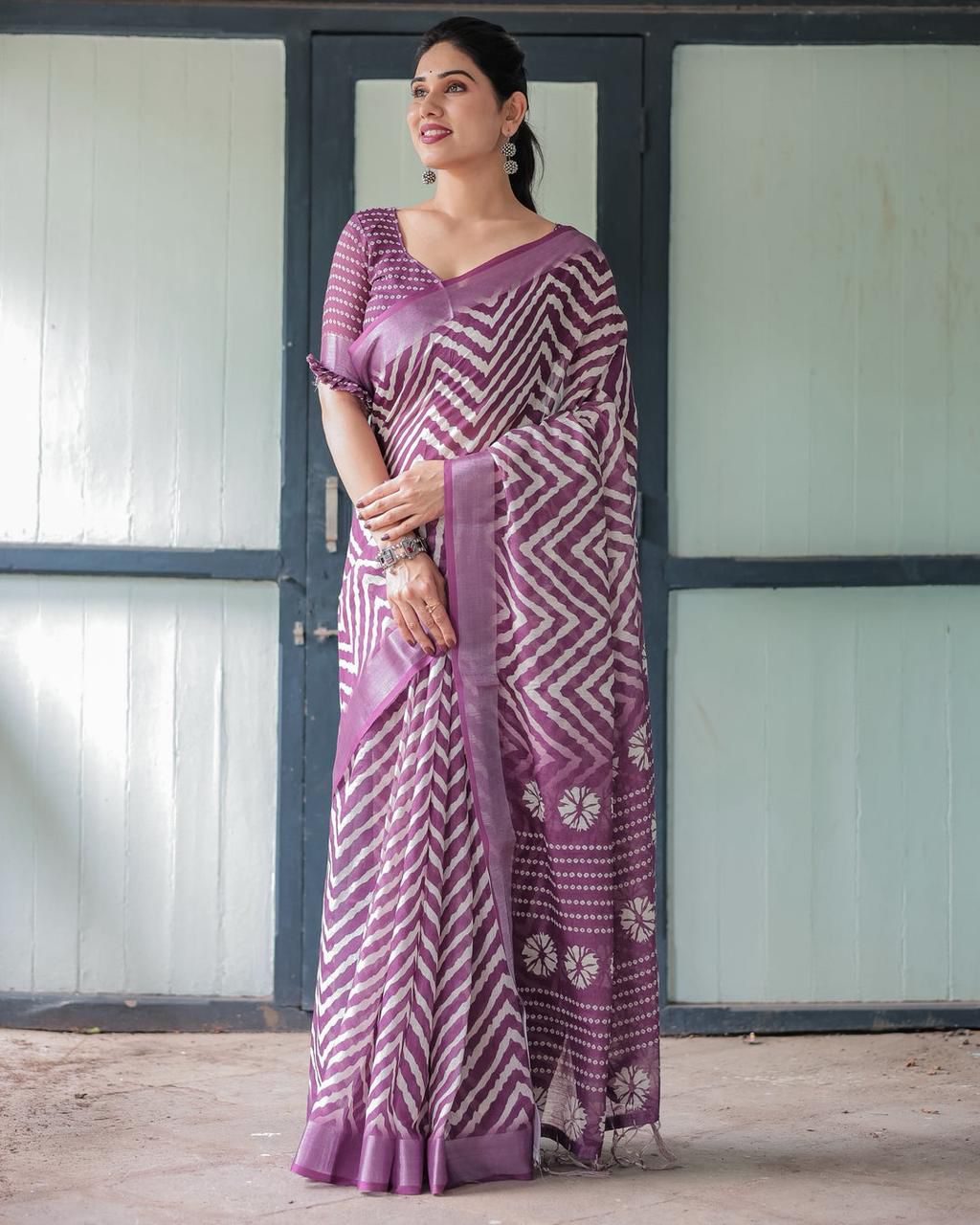 NCO 147 Linen Cotton Silver Patta Weaving Digital Printed Saree