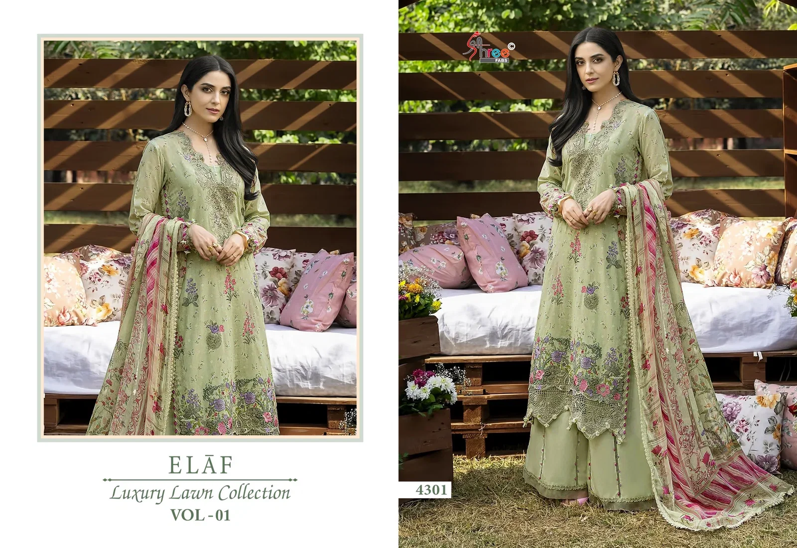 Shree Elaf Luxury Lawn Vol 1 Chiffon Dupatta Cotton Printed Salwar Kameez