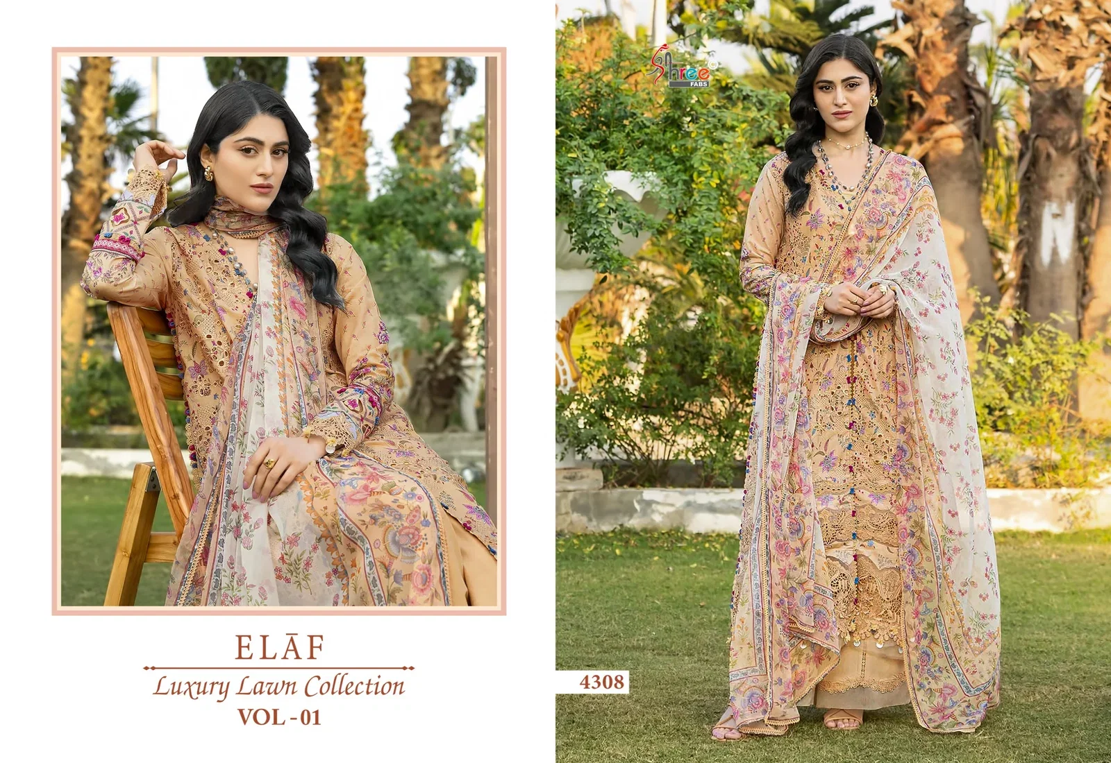 Shree Elaf Luxury Lawn Vol 1 Chiffon Dupatta Cotton Printed Salwar Kameez