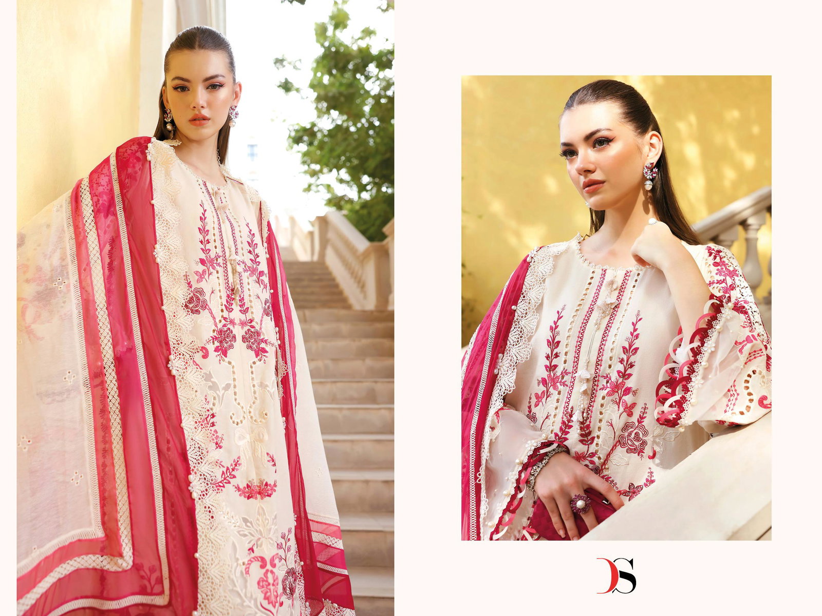 Deepsy Maria B Premium Embroidered Vol 4 Chiffon Dupatta Cotton With Self Embroidered Salwar Kameez