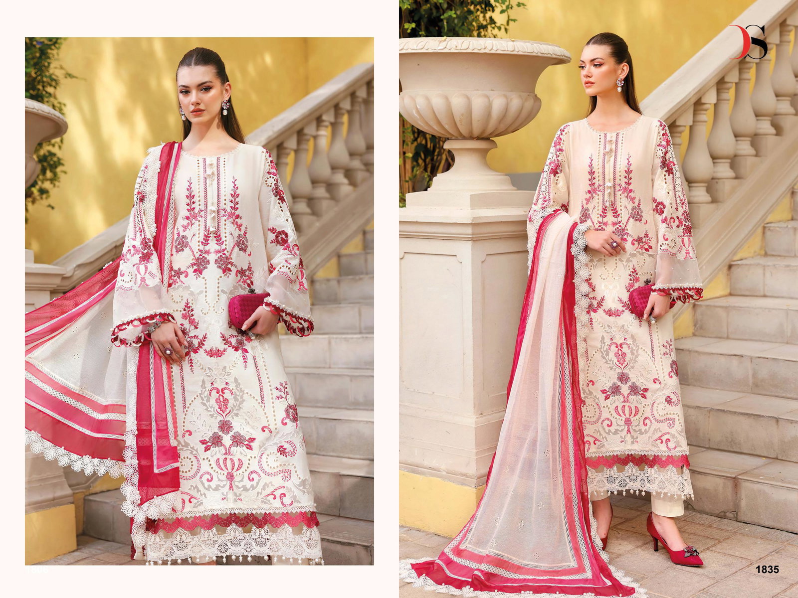 Deepsy Maria B Premium Embroidered Vol 4 Chiffon Dupatta Cotton With Self Embroidered Salwar Kameez