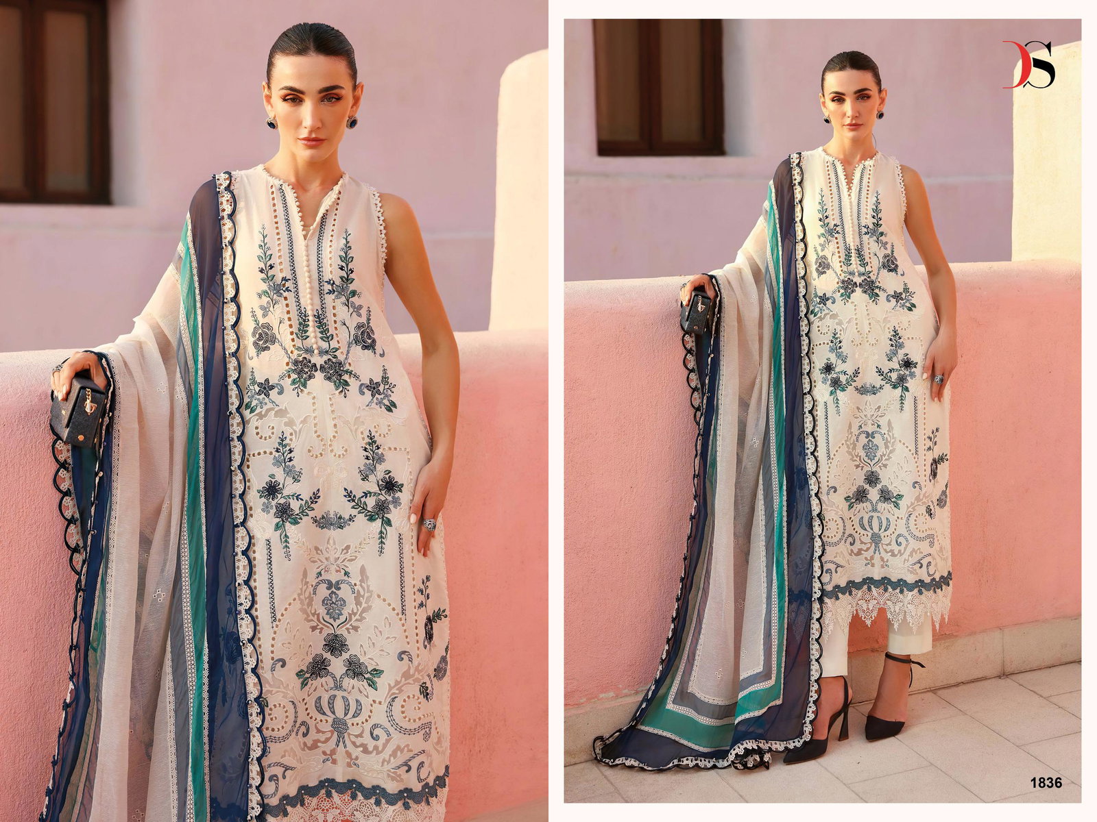 Deepsy Maria B Premium Embroidered Vol 4 Chiffon Dupatta Cotton With Self Embroidered Salwar Kameez