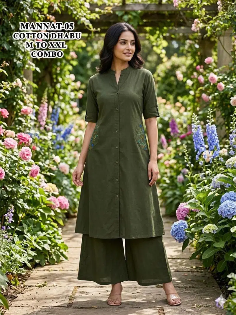 De Mannat Cotton Dhabu A Line Kurti With Plazzo Collection