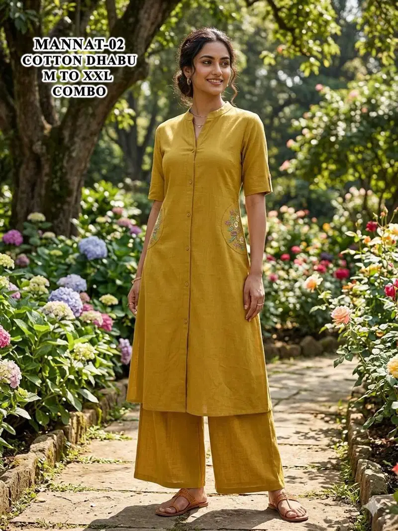 De Mannat Cotton Dhabu A Line Kurti With Plazzo Collection