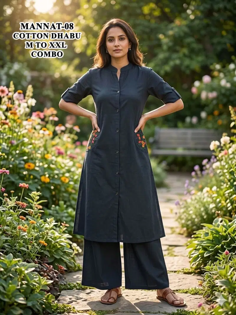 De Mannat Cotton Dhabu A Line Kurti With Plazzo Collection