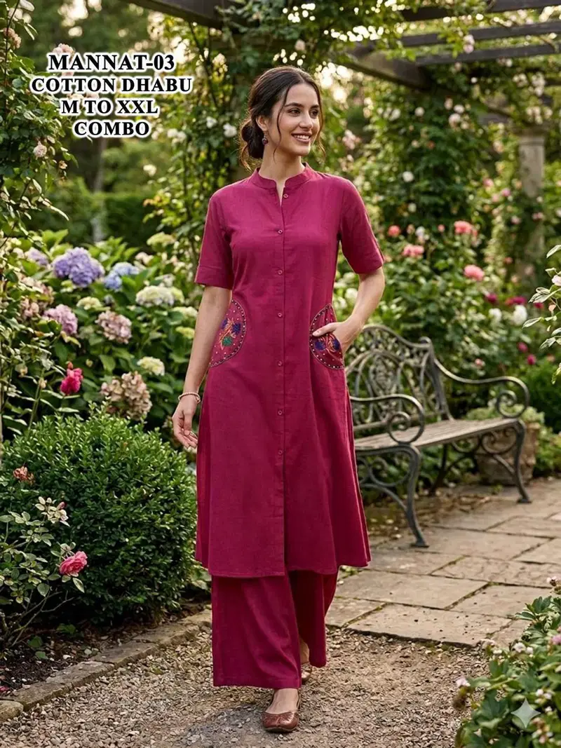 De Mannat Cotton Dhabu A Line Kurti With Plazzo Collection