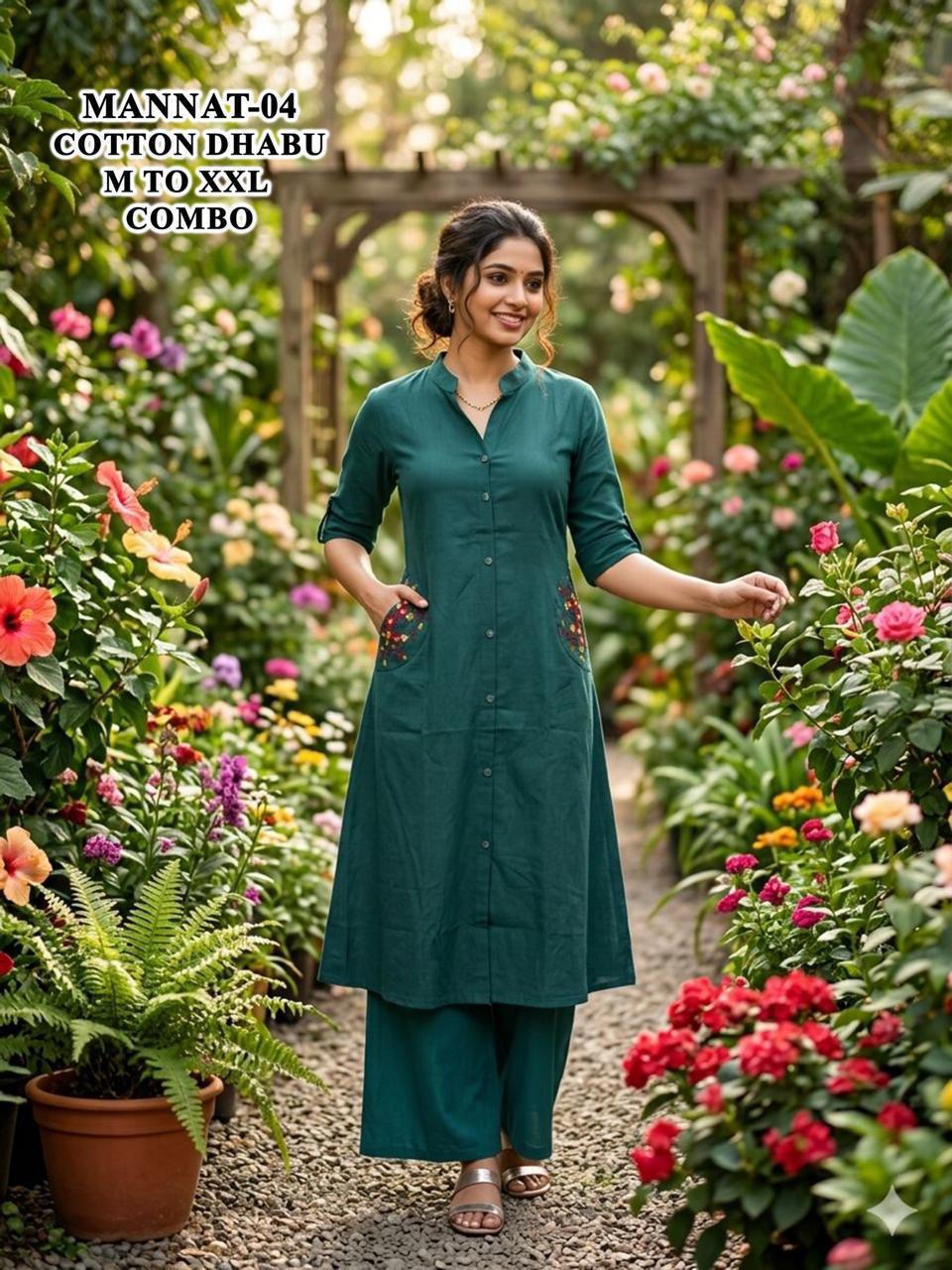 De Mannat Cotton Dhabu A Line Kurti With Plazzo Collection