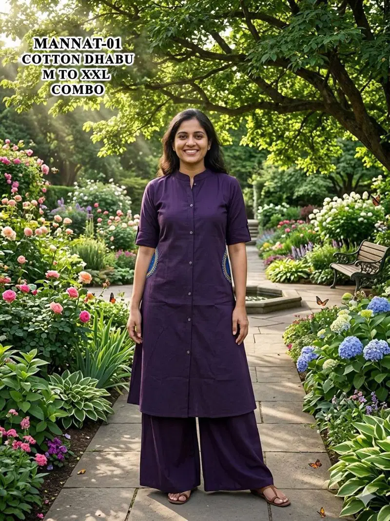 De Mannat Cotton Dhabu A Line Kurti With Plazzo Collection