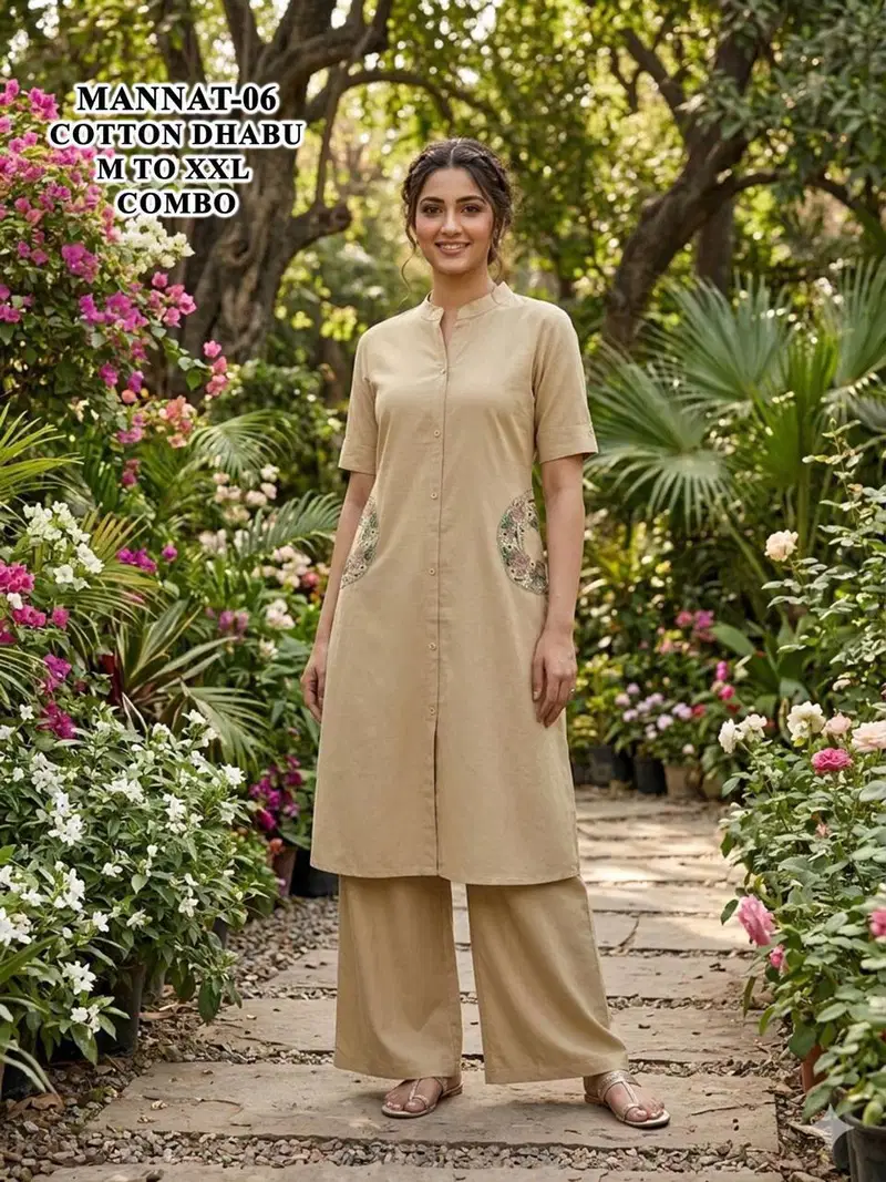 De Mannat Cotton Dhabu A Line Kurti With Plazzo Collection